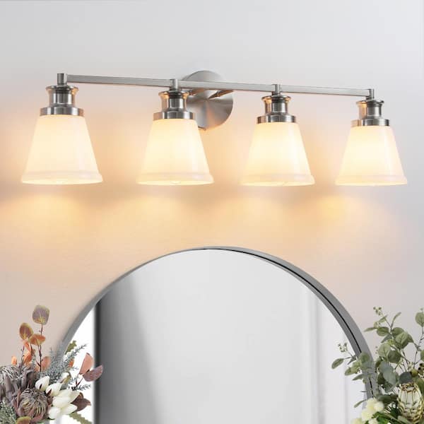 32 in. 4-Light Brushed Nickel Vanity Light with Milk White Glass Shade Farmhouse Bathroom Light Fixture Wall Sconce