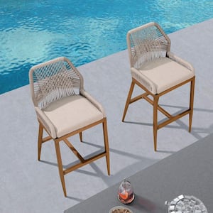 Modern Aluminum Twill Wicker Woven Counter Height Outdoor Bar Stool with Back and Cushion (2-Pack)