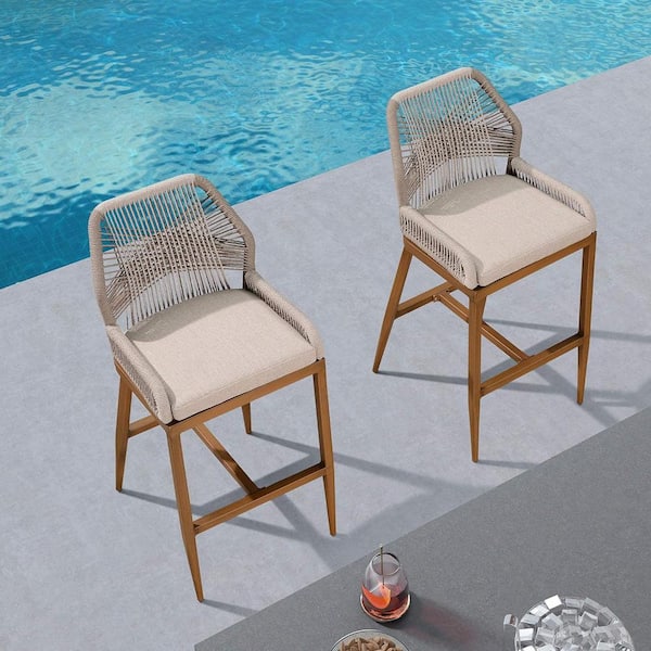 PURPLE LEAF Modern Aluminum Twill Wicker Woven Counter Height Outdoor Bar Stool with Back and Beige Cushion (2-Pack)