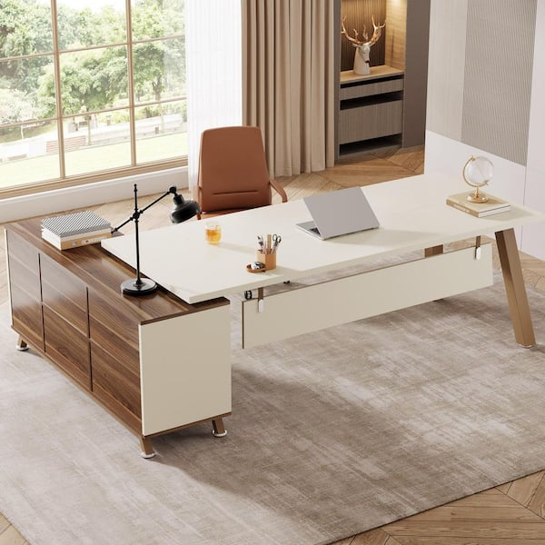 Lanita 71 in. L-Shaped White Wood 2-Drawer Executive Desk with 55 in. Cabinet Large Office Desk with Storage Shelves