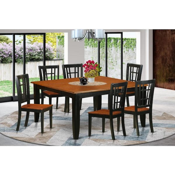 7-Piece Square Black & Cherry Finish Solid Wood Top Dining Table with 6-Chairs with Lattice Back