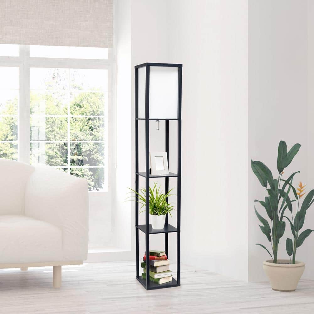 Black 62.5" Floor Lamp with Linen Shade and Shelves