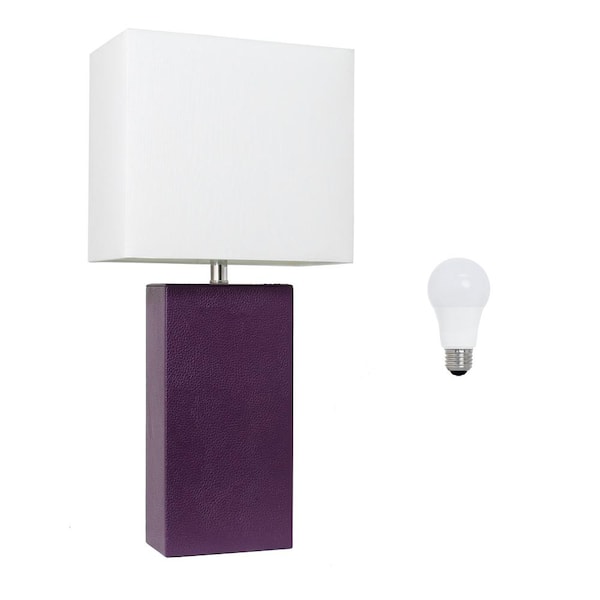 Elegant Designs 21 in. Eggplant Purple Modern Leather Wrapped Table Lamp, with LED Bulb Included
