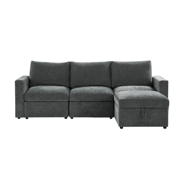 JAYDEN CREATION Andrea 98.25 in. W Straight Arm 4-Piece Polyester Storage Sectional Sofa in Gray With Multi-Functional Armrests