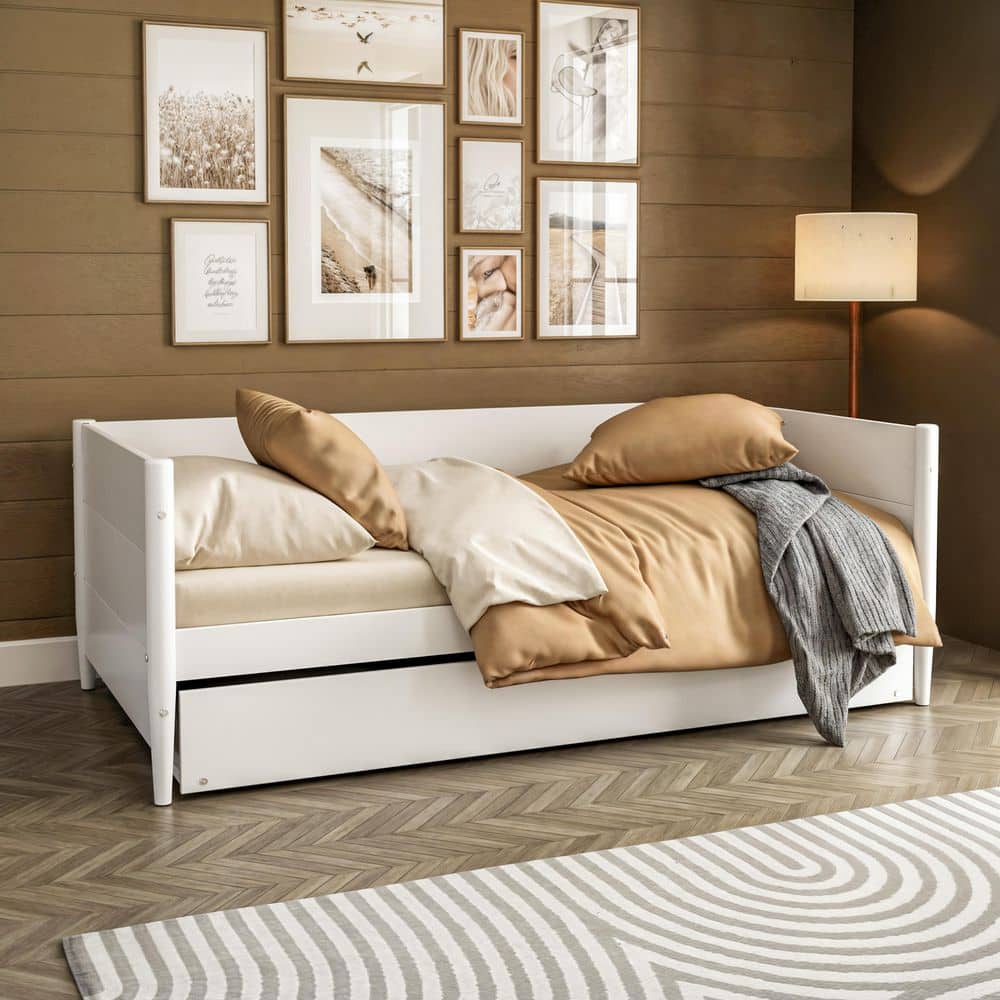 White Twin Wood Daybed with Trundle and Slats