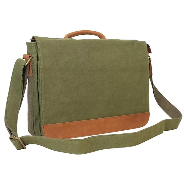 16.5 in. Casual Canvas Laptop Messenger Bag with 14.5 in. Laptop Compartment. Green
