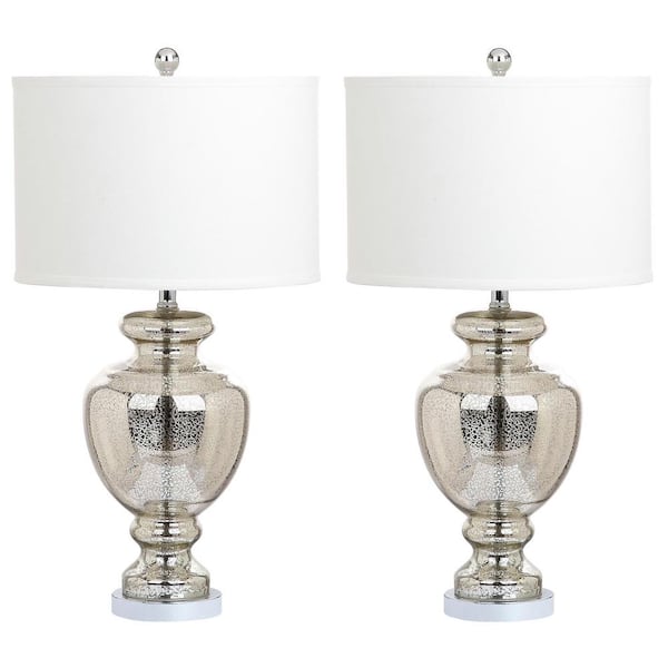 SAFAVIEH Morocco 28 in. Silver/Ivory Glass Vase Table Lamp wit Off-White Shade (Set of 2)