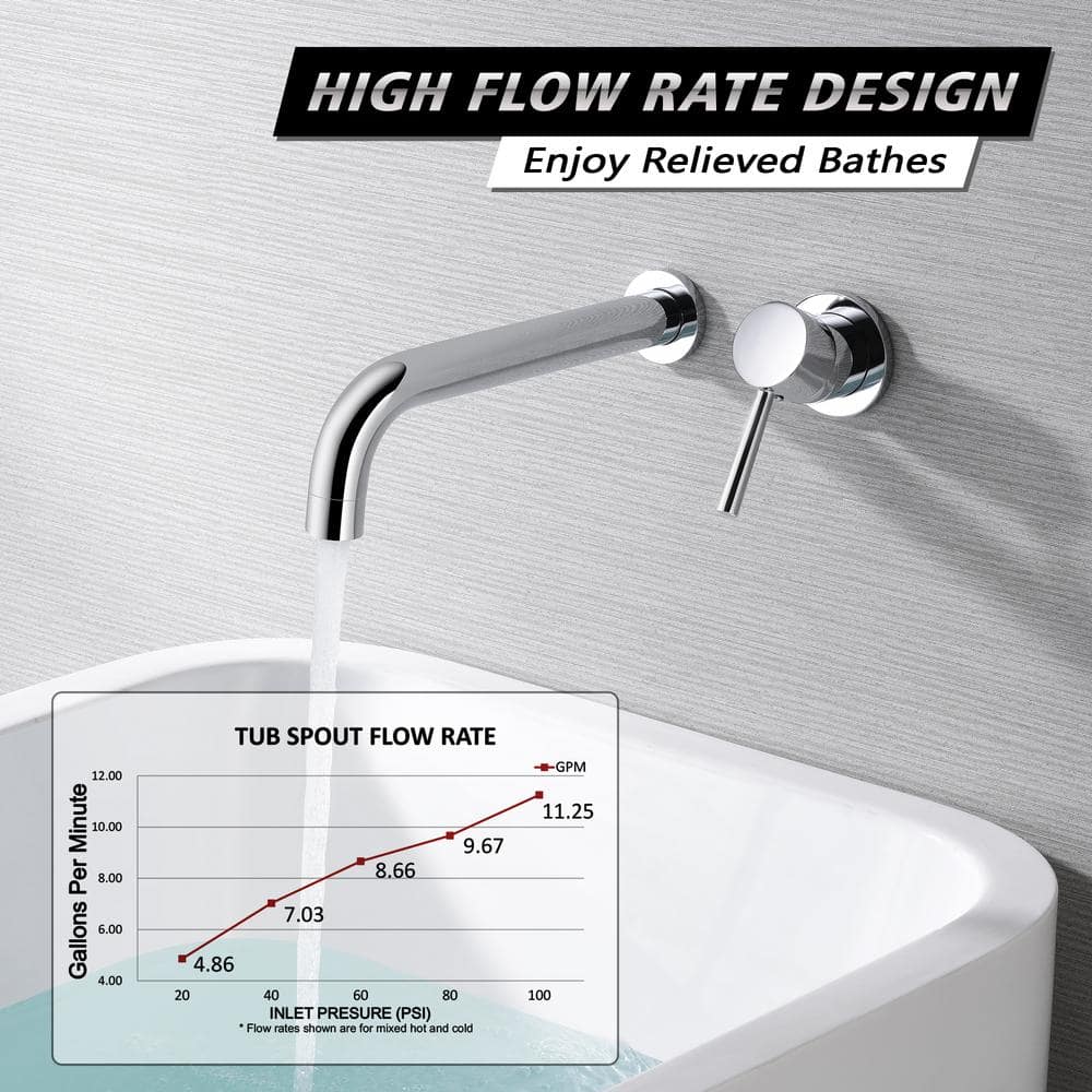 Chrome Single Handle Wall Mount Tub Faucet with Long Spout