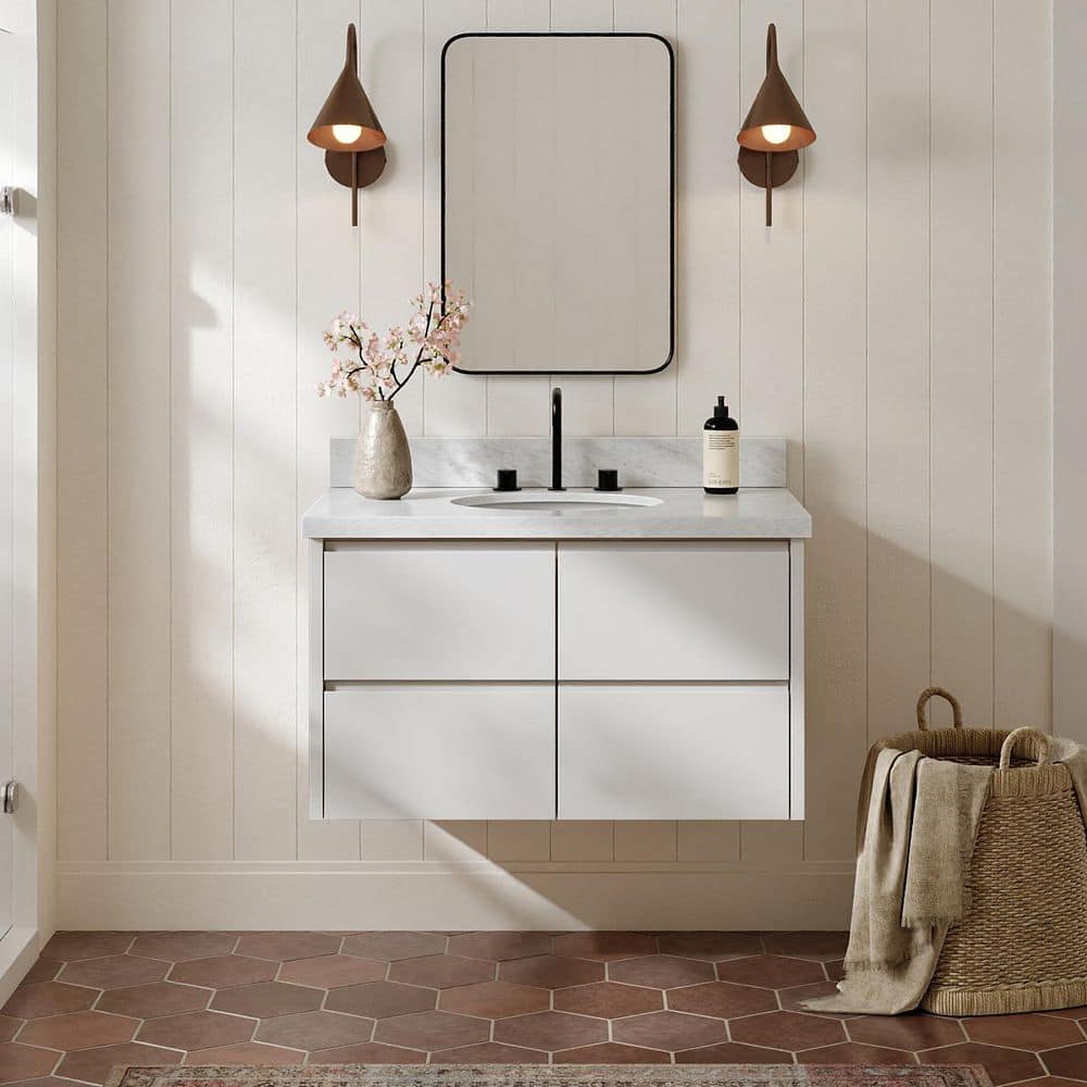 West 36 in. Single Sink Wall-Mounted Bath Vanity in Warm White with Carrara White Marble Top price history on PriceWatchPro