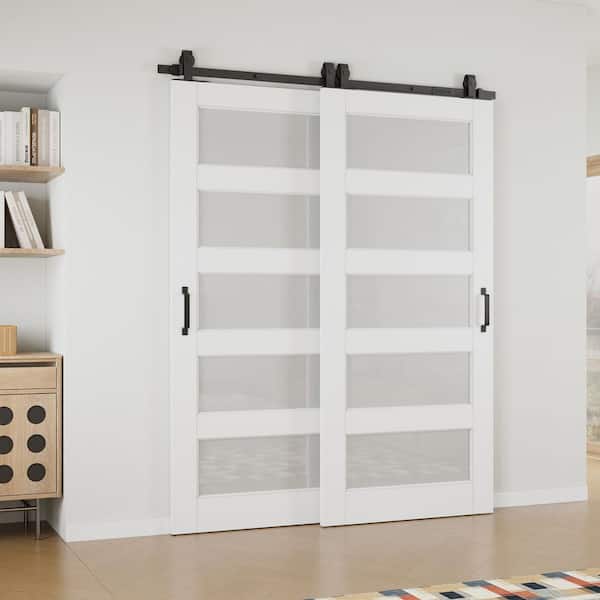 72 in. x 80 in. (Double 36 in. ) 5 Lite Frosted Glass White Primed MDF Sliding Barn Door with Hardware Kit Bypass