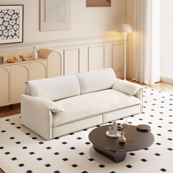 Hadden 66 in. Beige + White Velvet Upholstery Queen Size 3 in 1 Convertible Sofa Bed with Side Storage