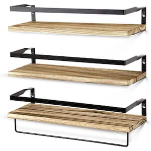 Indoor and Outdoor Light Brown Wooden Wall Mounted Plant Shelves with 1 Towel Bar, Storage Organizer (Set of 3)