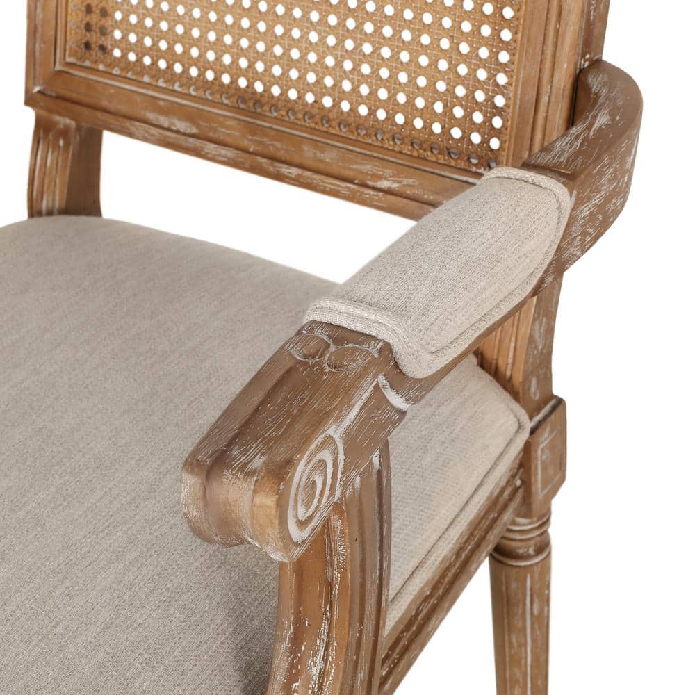 Beige Upholstered Wood and Cane Arm Chair Set