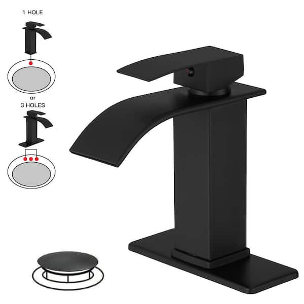 Waterfall Single Handle Single Hole Low-Arc Bathroom Faucet Bathroom With Drain Assembly Vanity Faucet in Matte Black
