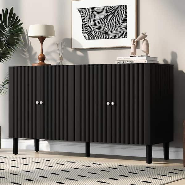 Black Wood 58.1 in. Sideboard with Adjustable Shelves, 4-Wavy Doors and 5-Rubber Wood Legs