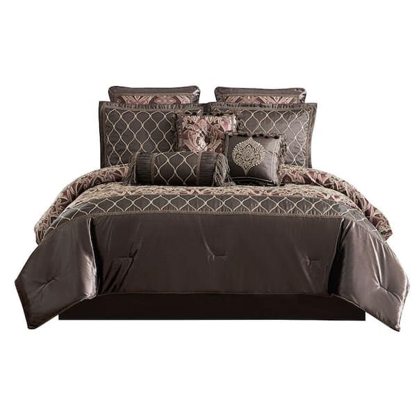 Benjara 9-Piece Brown Geometric Microfiber Queen Comforter Set
