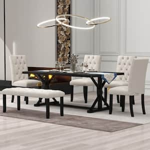 6-Piece Espresso Rectangle MDF Top Dining Table Set with 4 Upholstered Chairs and Bench