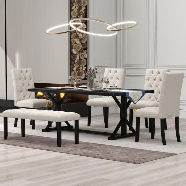 Harper & Bright Designs 6-Piece Espresso Rectangle MDF Top Dining Table Set with 4 Upholstered Chairs and Bench