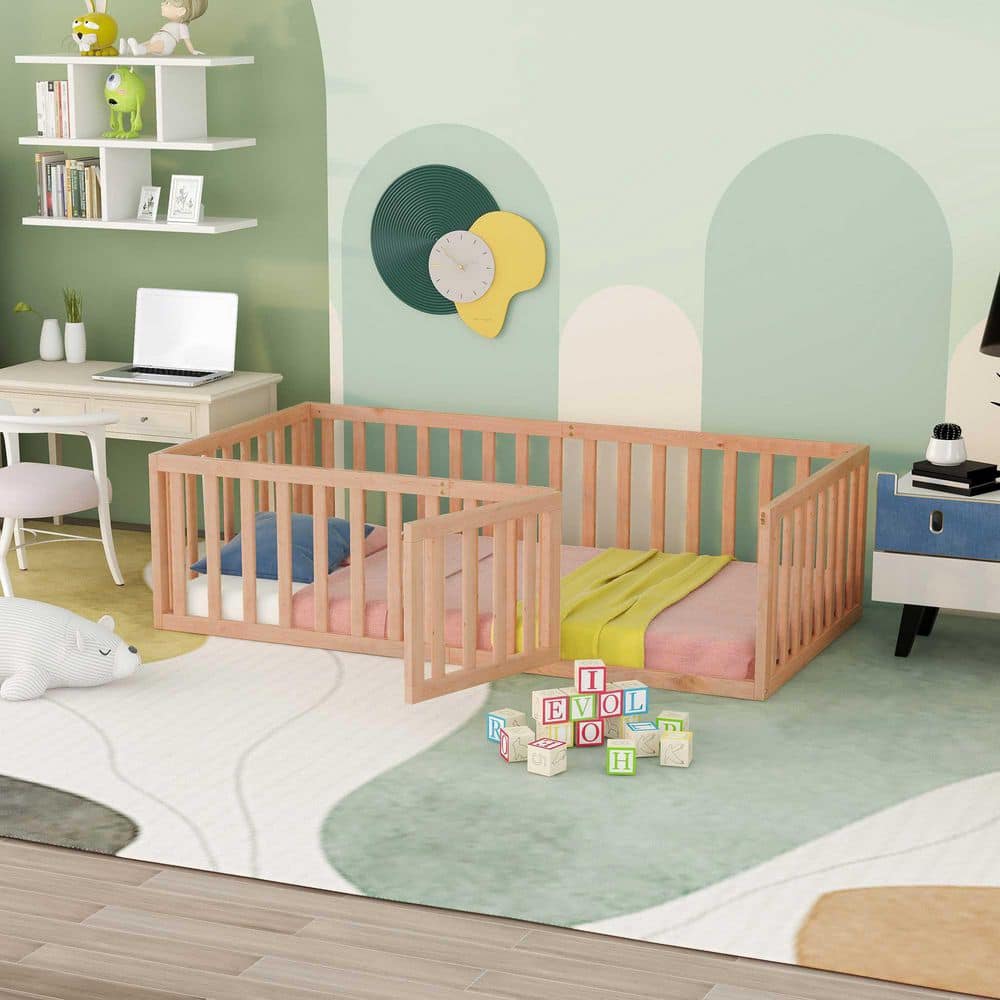 Natural Wood Frame Twin Size Platform Bed with Fence and Door