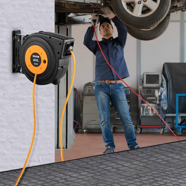 Retractable Extension Cord Reel 45 ft. 15 Amp 12AWG/3C SJTOW Power Cord w/ Lighted Outlet 180° Bracket Wall Mount Black