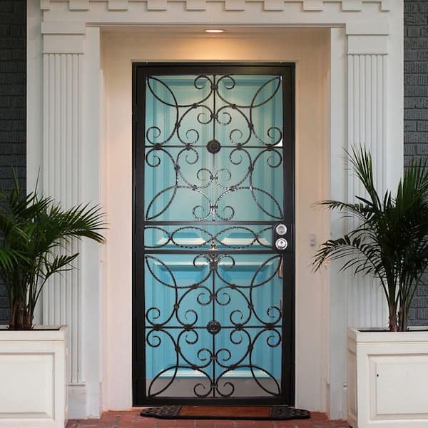 Madrid 32 in. x 80 in. Universal/Reversible Powder Coated Black Wrought Iron Steel Security Door