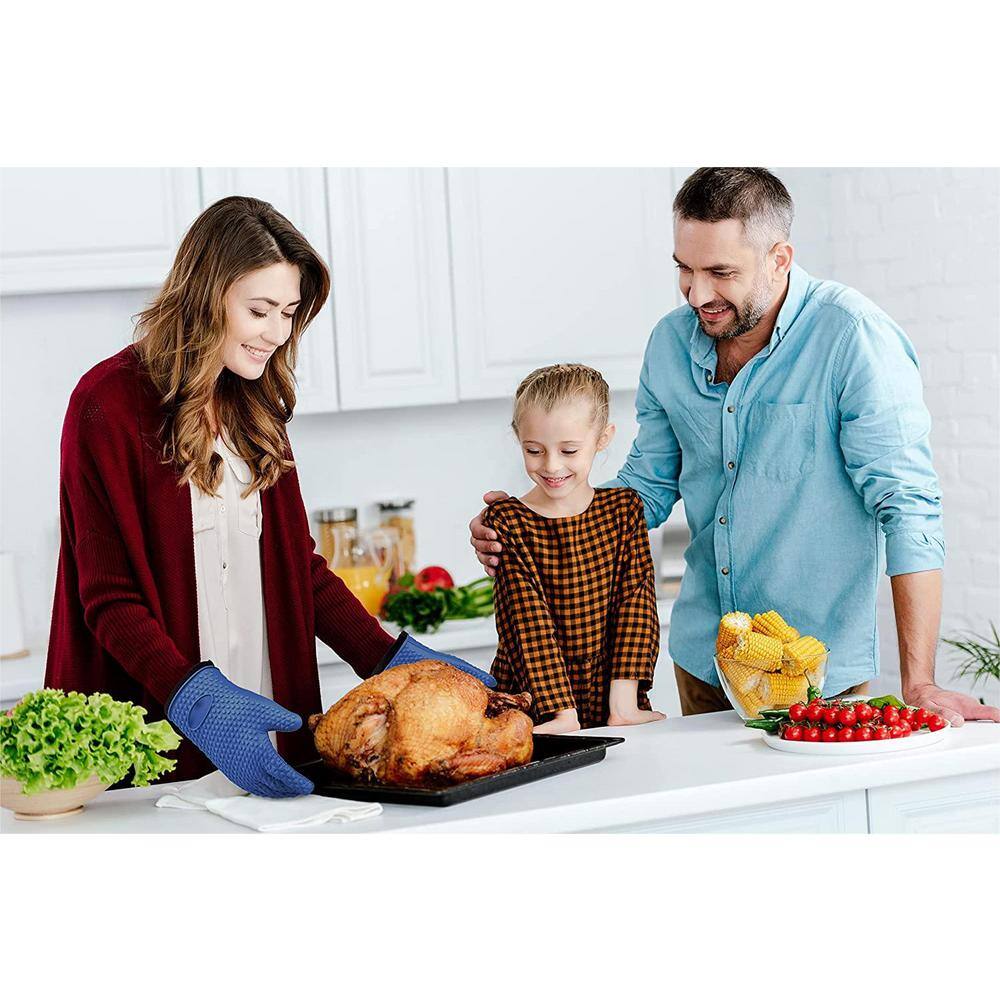 Blue Silicone Heat Resistant BBQ Gloves with Cotton Lining