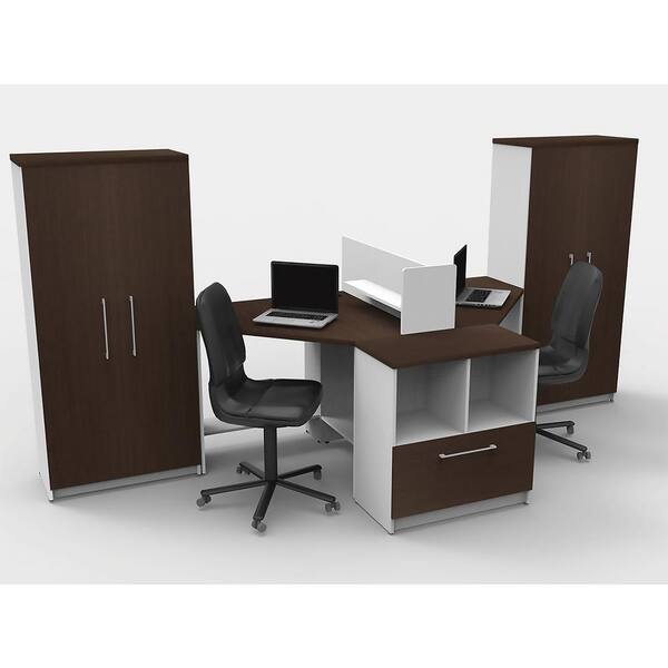 OfisLITE 6-Piece White/Espresso Office Reception Desk Collaboration Center