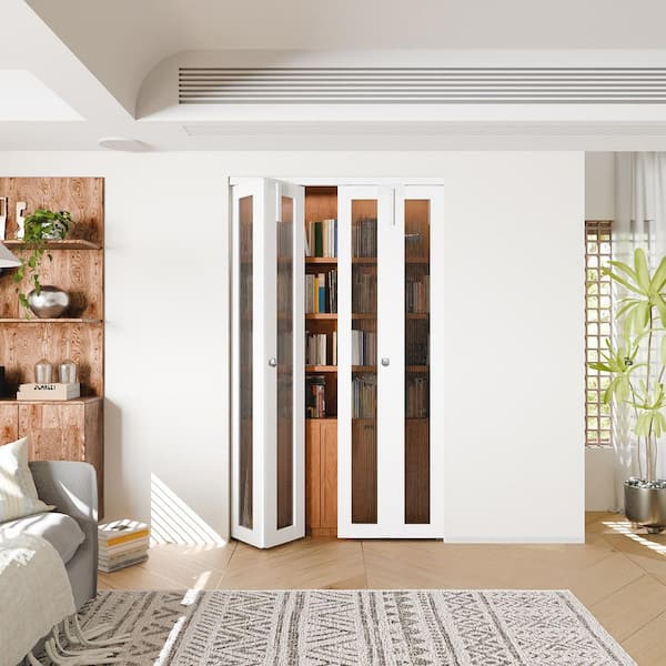 48 in. x 80 in. Full Lite Reed Glass Solid Core White PVC Covering MDF Bi-fold Door with Lock and Full Accessories