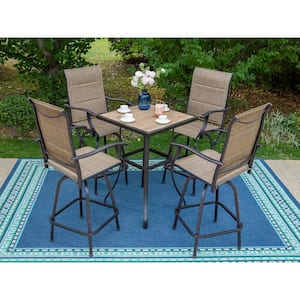 Black 5-Piece Metal Square Outdoor Patio Bar Set with Wood-Look Bar Table and Padded Swivel Bistro Chairs