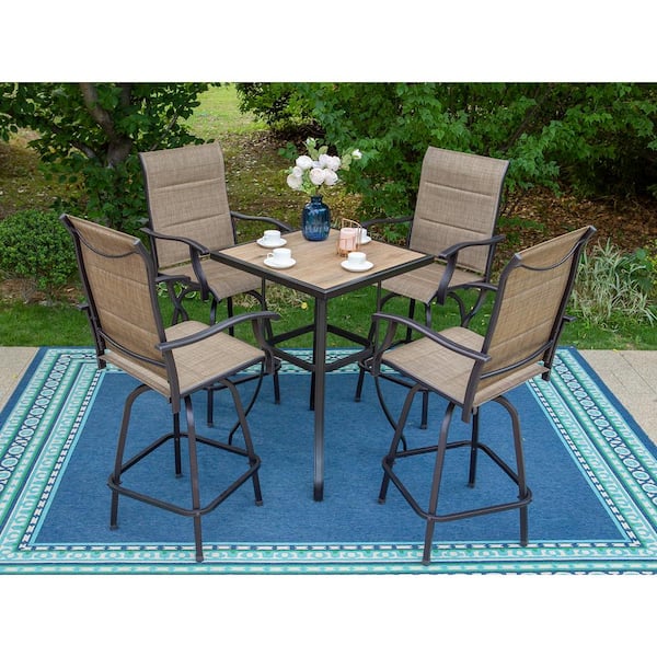 PHI VILLA Black 5-Piece Metal Square Outdoor Patio Bar Set with Wood-Look Bar Table and Padded Swivel Bistro Chairs