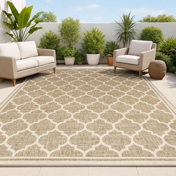 Trebol Moroccan Trellis Brown/Beige 7 ft. 9 in. x 10 ft. Textured Weave Indoor/Outdoor Area Rug