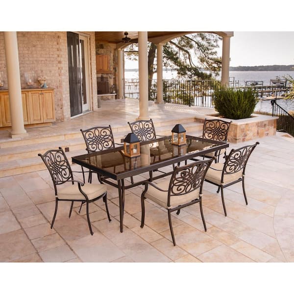 Hanover Traditions 7-Piece Aluminum Outdoor Dining Set with Rectangular Glass-Top Table with Natural Oat Cushions