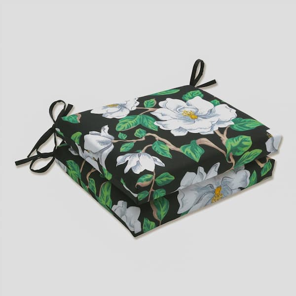 Pillow Perfect Floral 18.5 in. x 16 in. Outdoor Dining Chair Cushion in Black/White/Green (Set of 2)