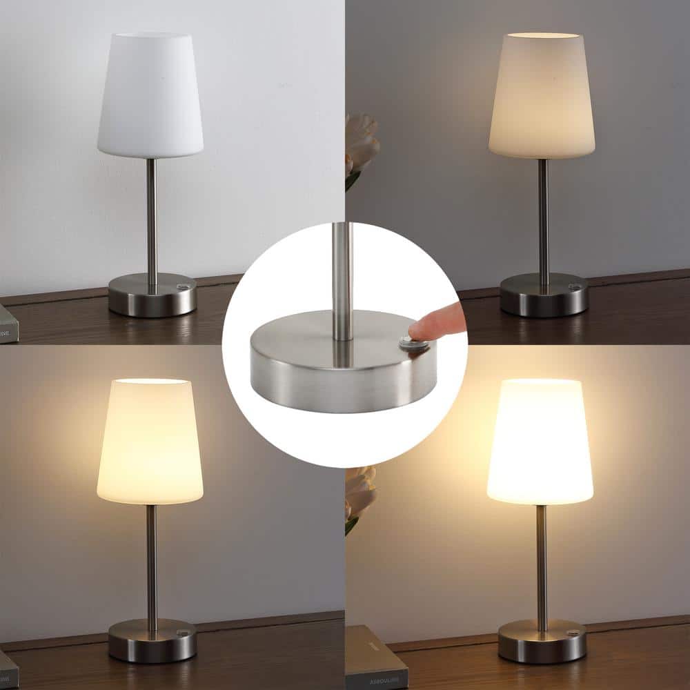 Nickel Cordless Rechargeable LED Table Lamp with Frosted Glass Shade