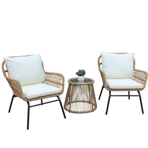 Unbranded Natalie 3-Piece Natural Yellow Wicker Conversation Set with Beige Cushion and Coffee Table