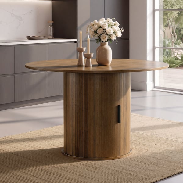 Odea Walnut 47 in. Round Wood Top Dining Table with Built-In Wine Rack & Hidden Storage Pedestal, Seats 4-6