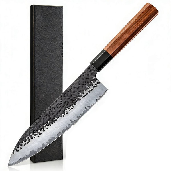8 in. Alloy Steel Partial Tang Japanese Chef's Knife, Hand Forged 5 Layers High Carbon Steel Rosewood Handle Chef Knife