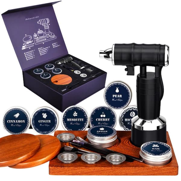 Kit Black Kitchen Smoking Gun Electric Whiskey Cocktail Smoker Set with 8 Wood Chips for Bar and Food Infusing