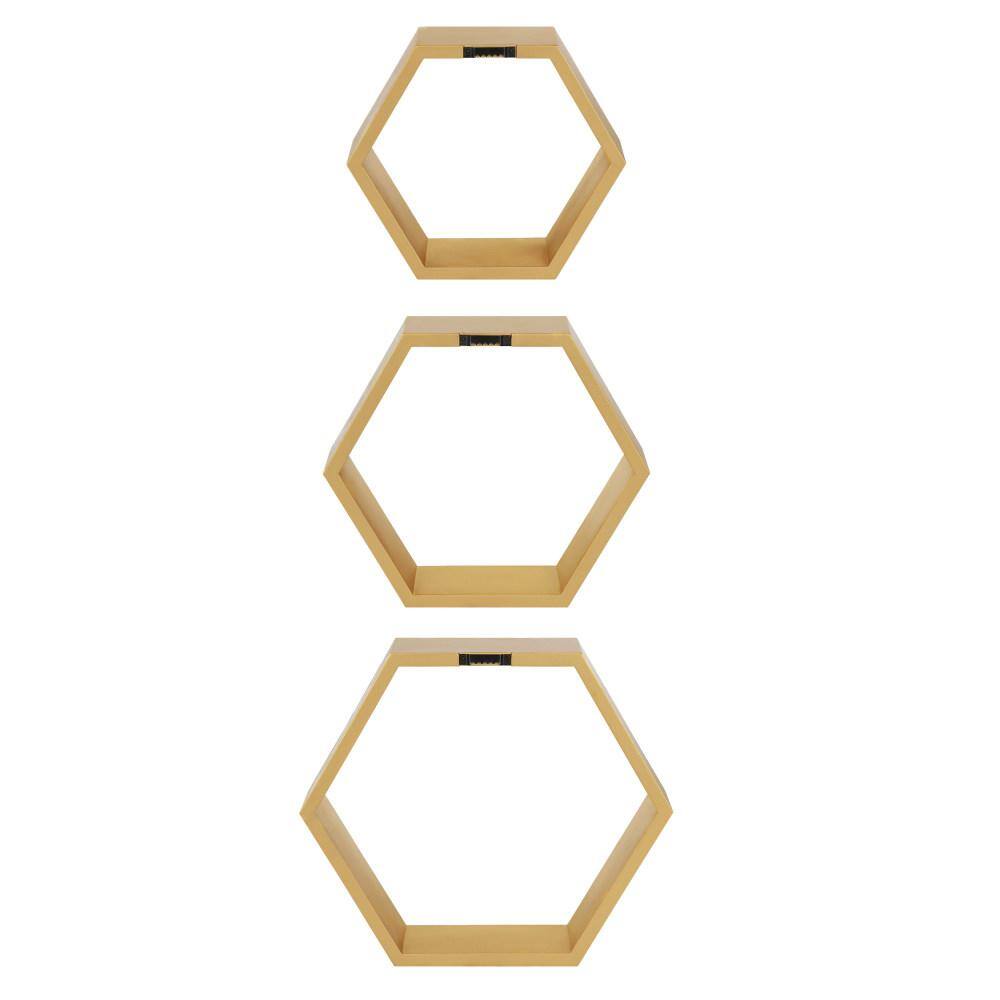Gold Hexagon Floating Wood Wall Shelf Set