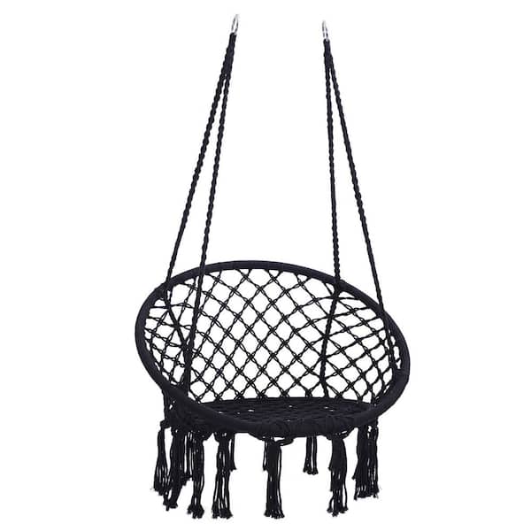 Unbranded 2.6 ft. Black Swing Hanging Cotton Rope Hammock Chair for Outdoor