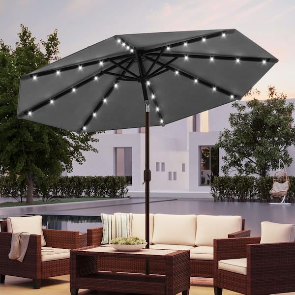 10 ft. Steel Solar Market Patio Umbrella Outdoor Table Umbrella With Tilt Button in Anthracite