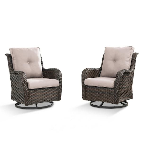 WellCane Brown 2-Piece Wicker Outdoor Swivel Glider Patio Rocking Chair with 3.9in Thick Olefin Beige Cushions For Porch