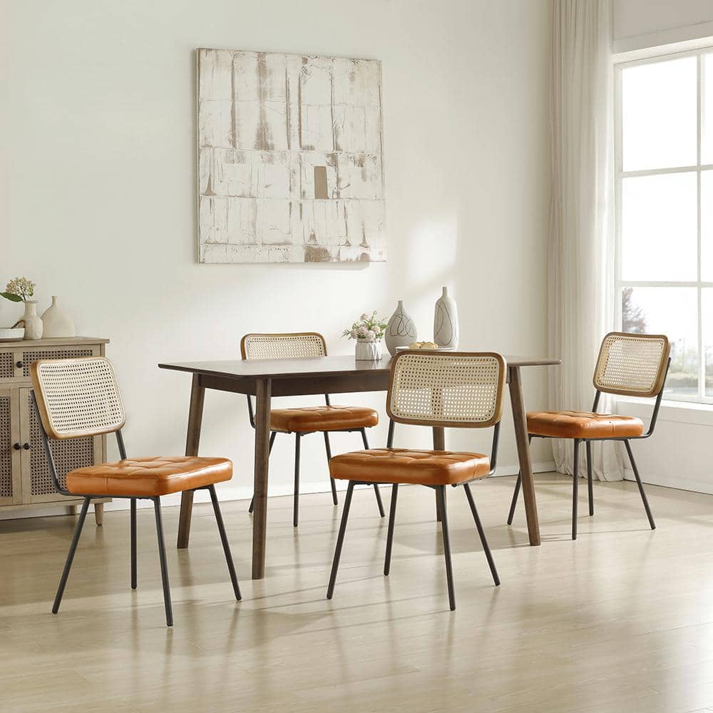 Yellow Brown Faux Leather Upholstered Rattan Cane Side Chair Set