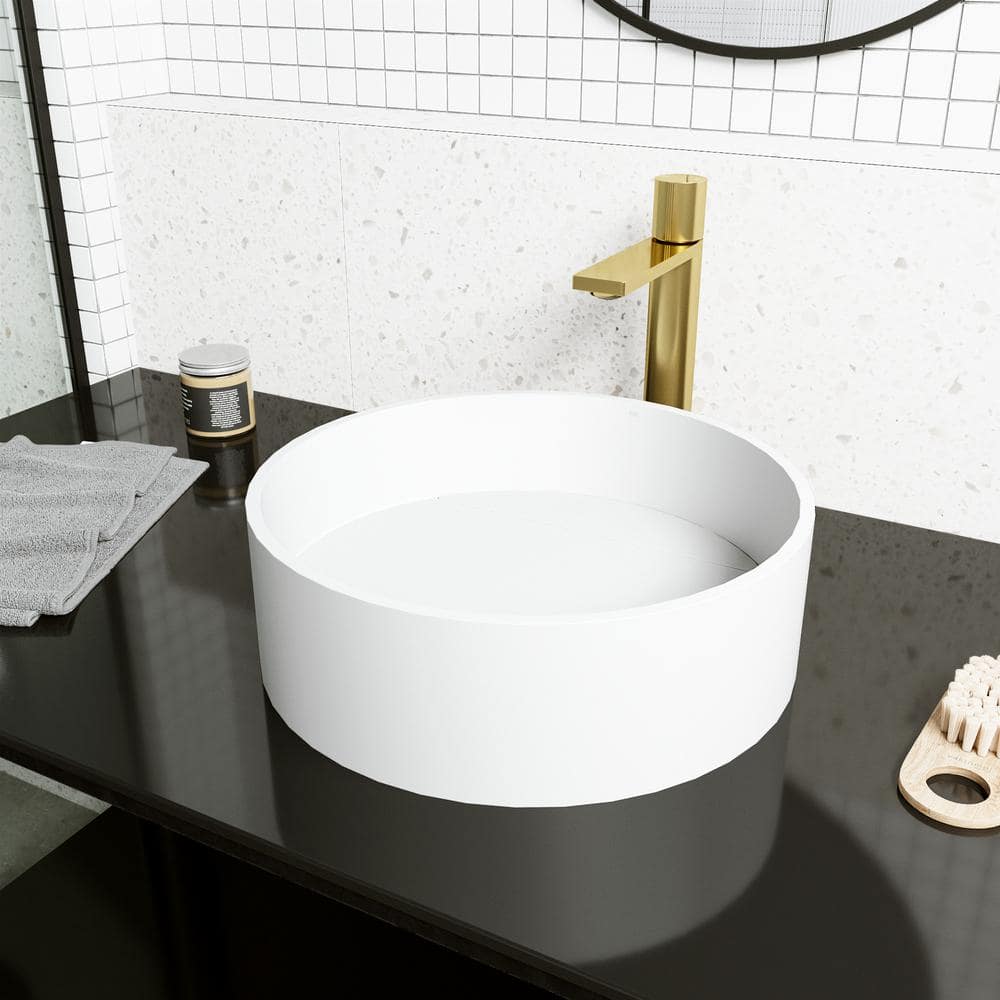 Montauk Matte White Stone Round Vessel Sink with Gold Faucet
