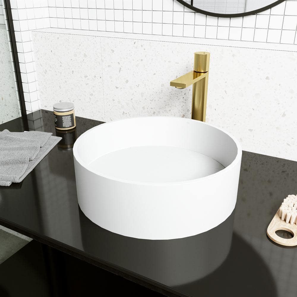 VIGO Montauk Modern White Matte Stone 15 in. L x 15 in. W x 5 in. H Round Vessel Bathroom Sink