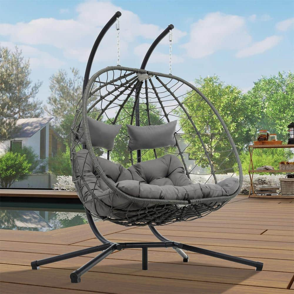 2-Persons Metal Patio Swing Hammock Hanging Chairs with Gray Cushions ...