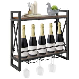 14-Bottle Wall Mounted Wine Rack Industrial 2-Tier Wood Shelf with 3 Stem Glass Holders