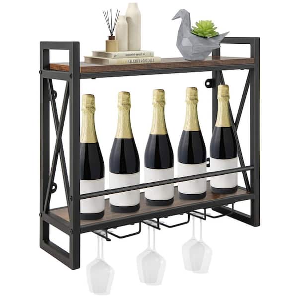 Costway 14-Bottle Wall Mounted Wine Rack Industrial 2-Tier Wood Shelf with 3 Stem Glass Holders
