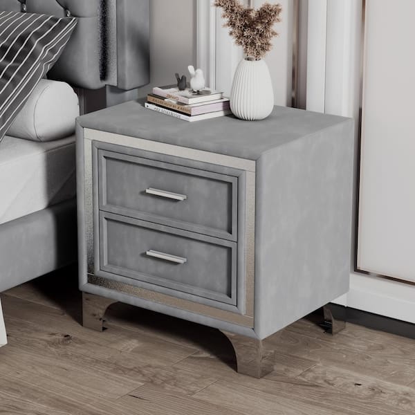 Unbranded Gray 2-Drawer 21.8 in. W Nightstand Velvet Bedside Table w/ Storage Silver Glitter Strip Décor and Metal Leg for Bedroom