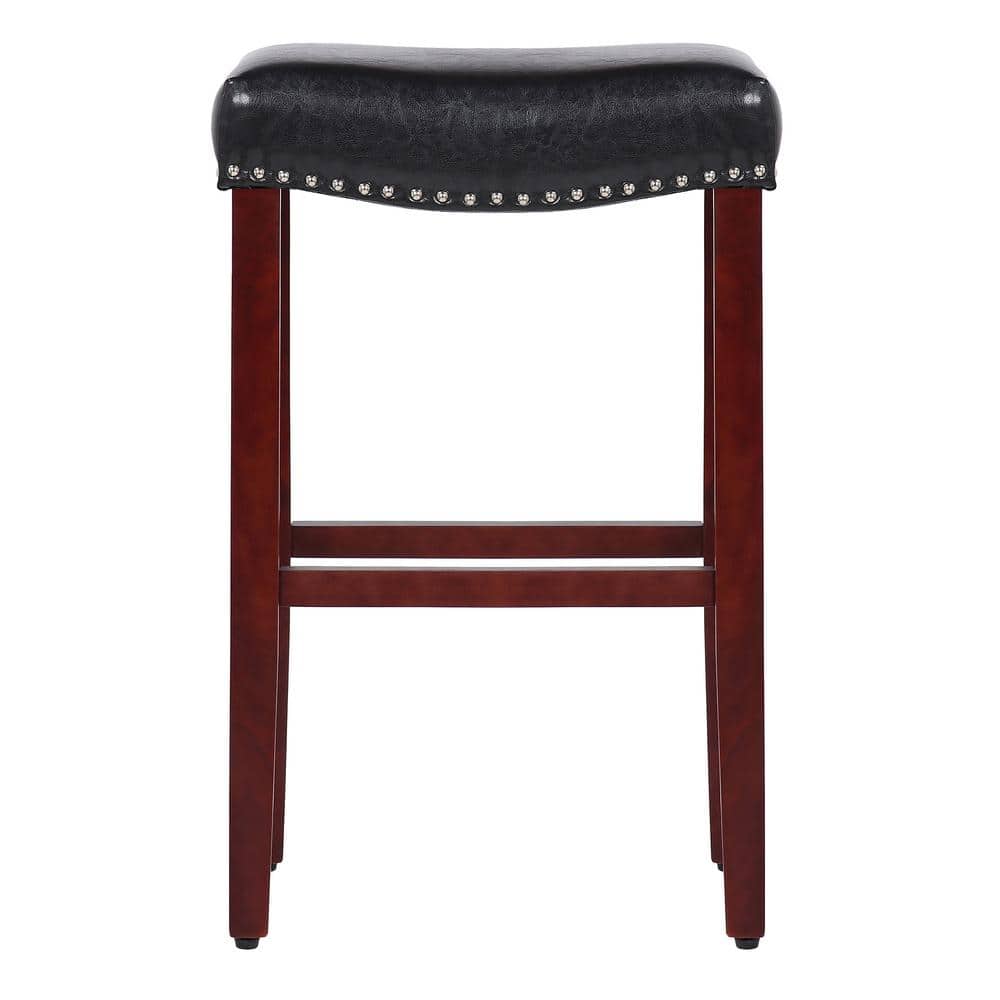 29" Cherry and Black Leather Saddle Bar Stool
